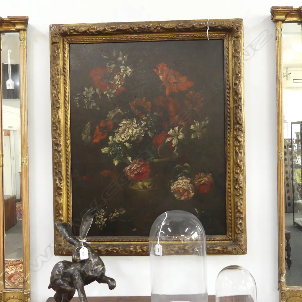 ARTIST UNKNOWN, FLORAL STILL LIFE OIL ON CANVAS, GILDED PAPIER MACHE FRAME 750x595mm... Image 1++