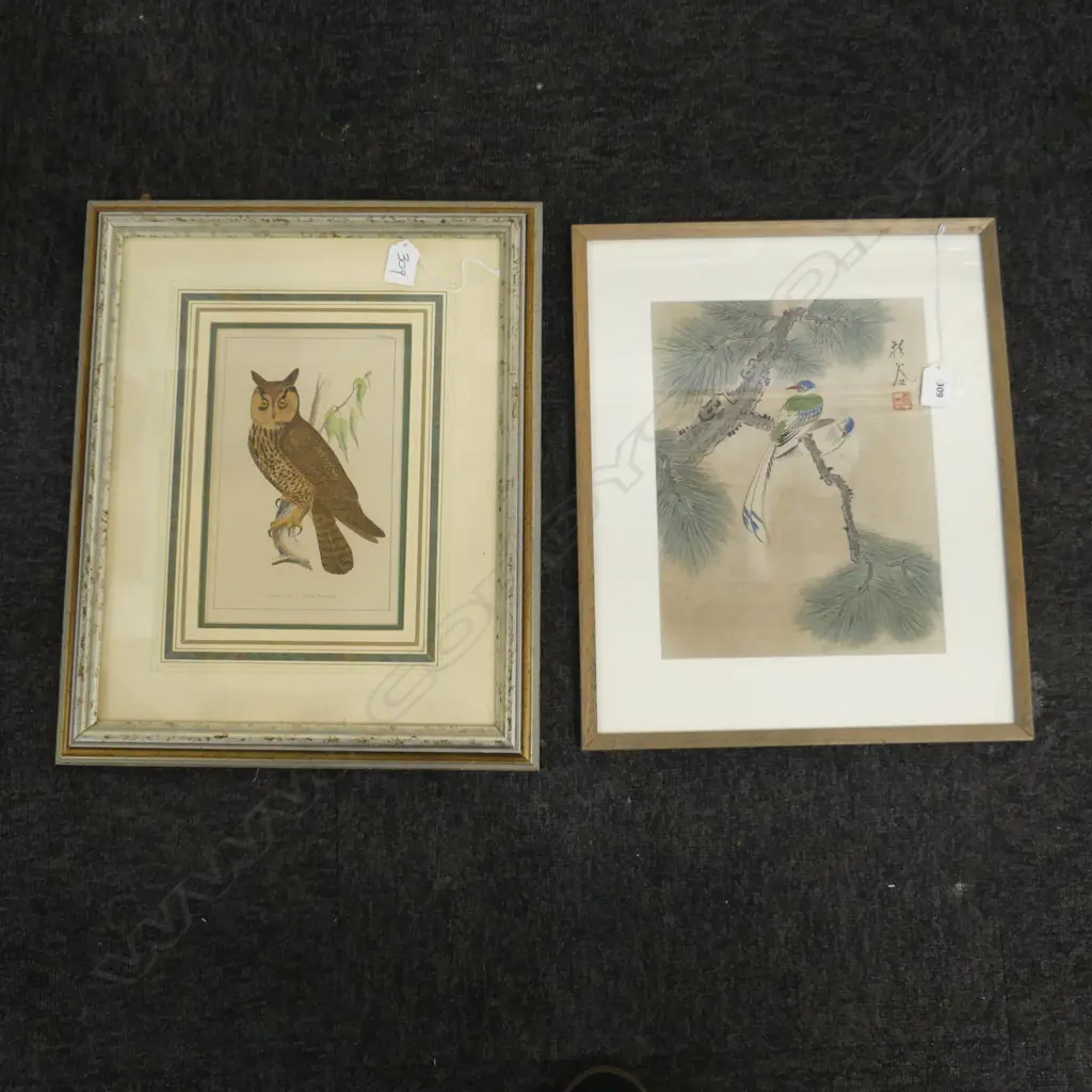  2 ARTWORKS; OWL PRINT 235x150mm, ORIENTAL PAINTING ON FABRIC 285x220mm Image 1++