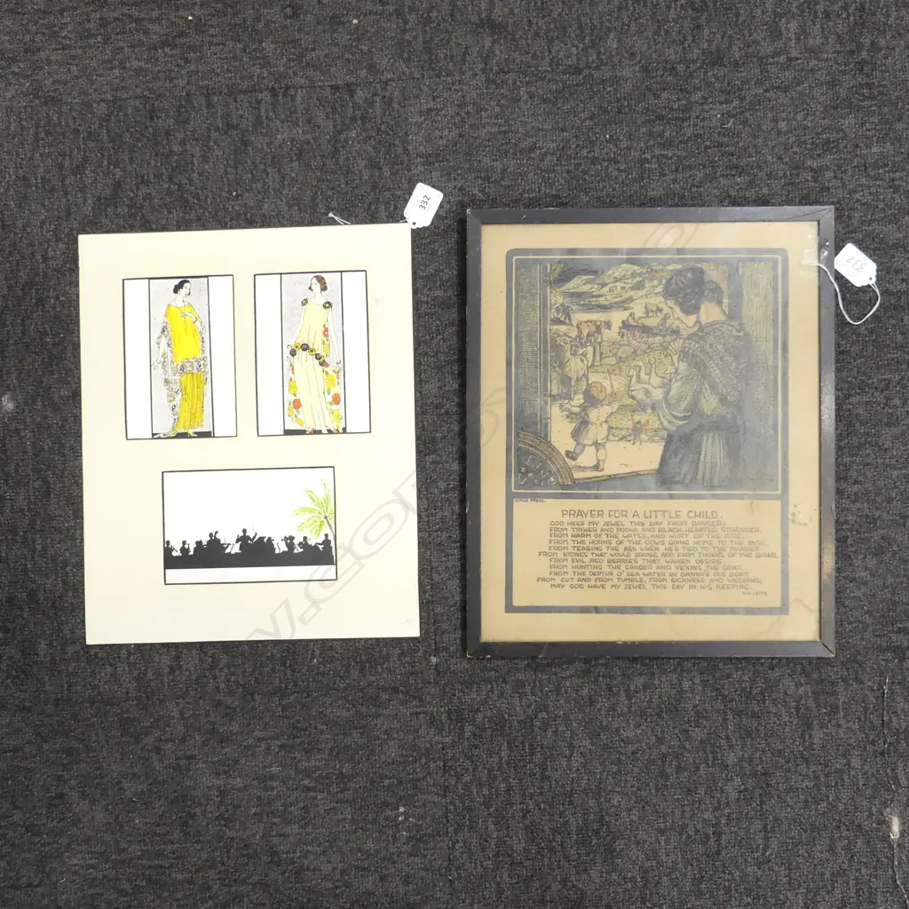 ORIGINAL HAND-COLOURED SILHOUETTED BAND & FLAPPERS IMAGE ON CARD plus ‘PRAYER FOR A LITTLE CHILD', 340 x 270mm  Image 1++