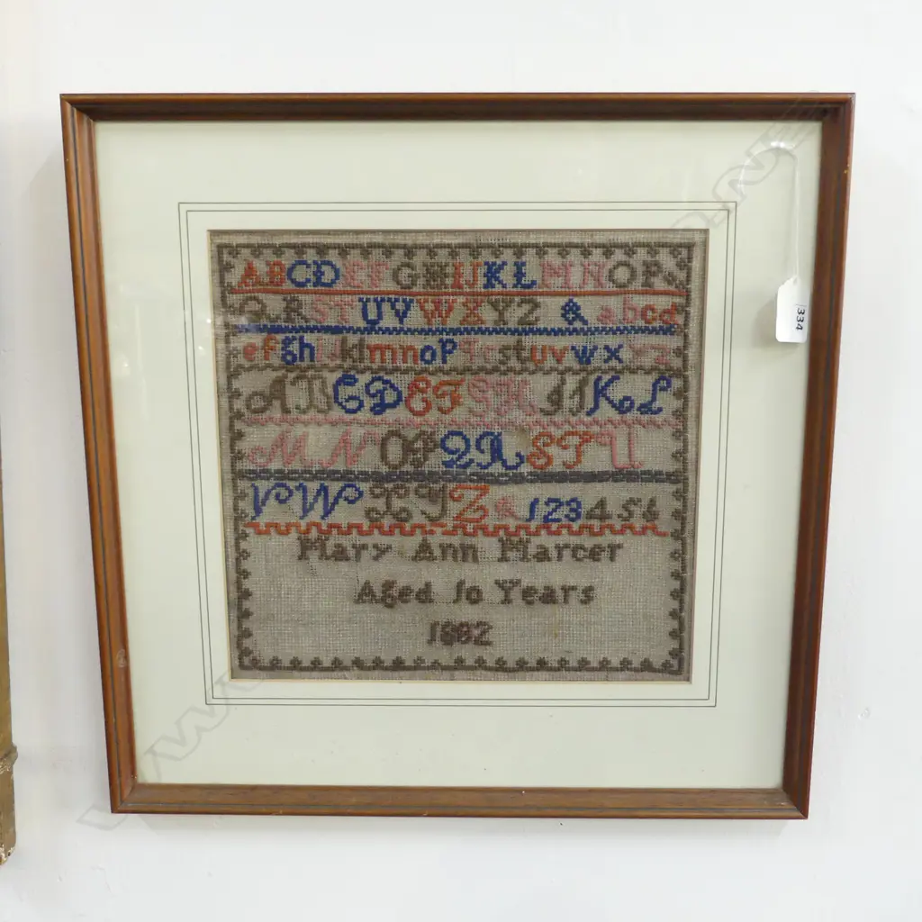 FRAMED ALPHABET SAMPLER 'MARY ANN MARCER AGED 10 YEARS 1882, 265 x 270mm Image 1++