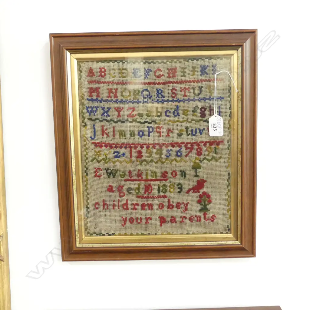 FRAMED ALPHABET SAMPLER 'E WATKINSON AGED 10 1883, 'CHILDREN OBEY YOUR PARENTS', 300 x 250mm Image 1++