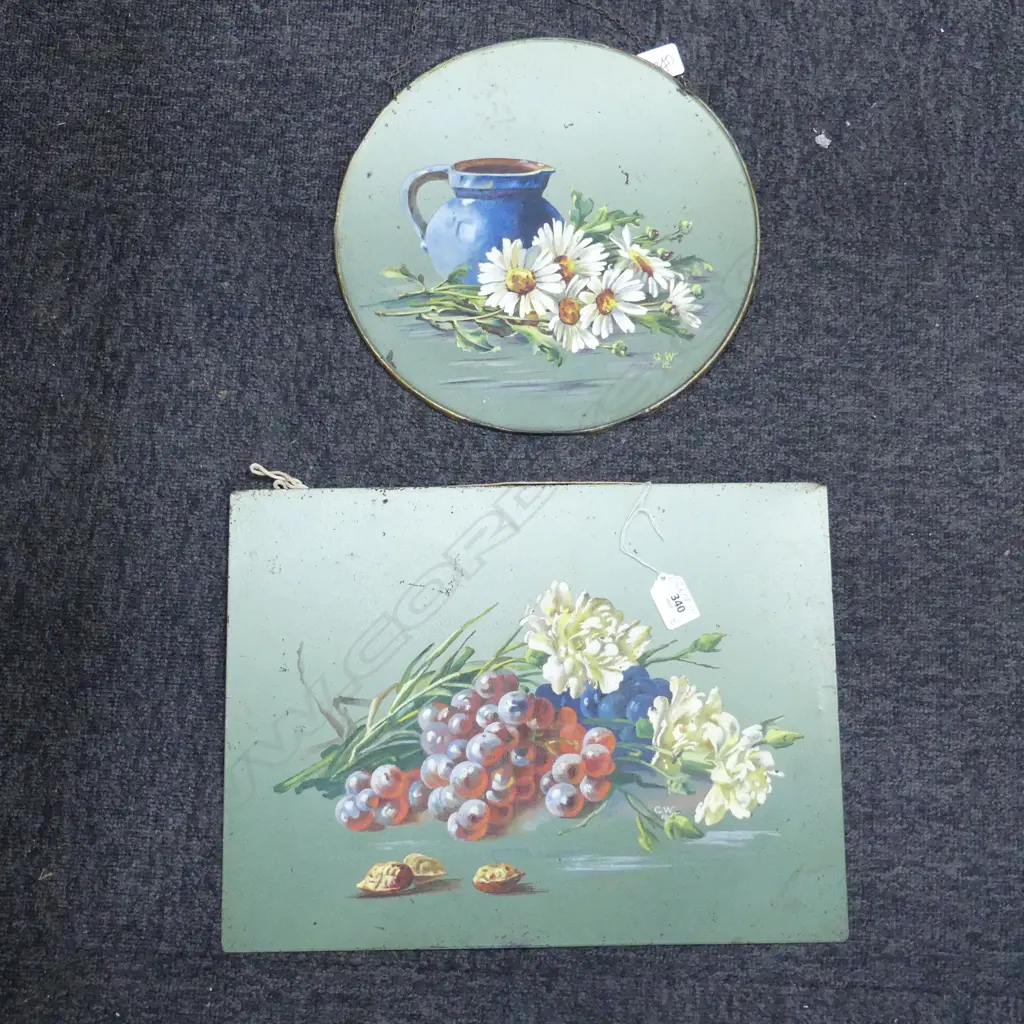 TWO 1912 FOLK ART HAND-PAINTED FLORAL WORKS ON TIN, 295 x 395mm. Dia. 295mm Image 1++