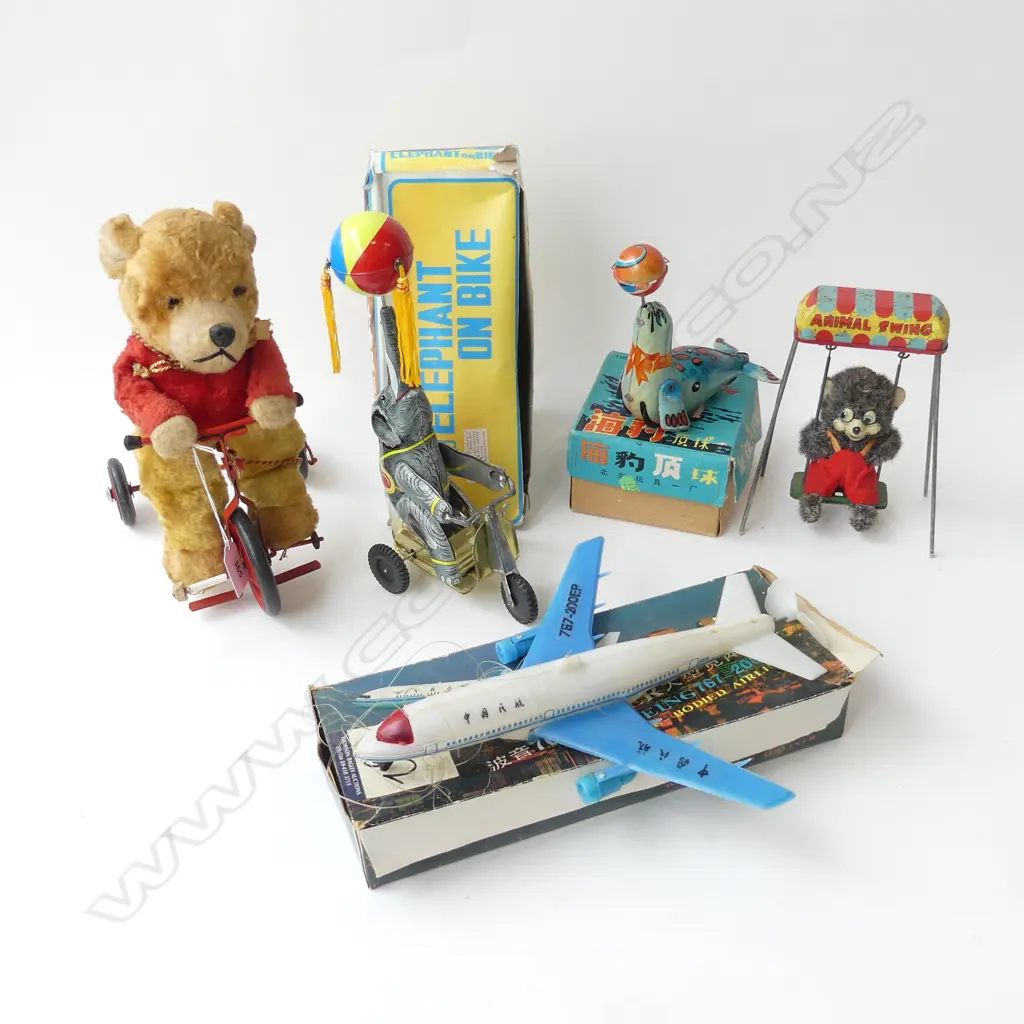 5 VINTAGE TOYS; SWING, BEAR ON BIKE, BOEING 767, ELEPHANT ON BIKE, SEAL w. BALL Image 1++