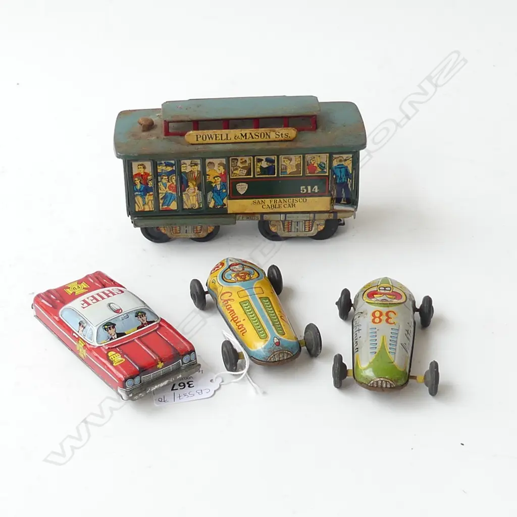 4 VINTAGE TIN TOYS; SAN FRANCISCO CABLE CAR L.150mm, FIRE CHIEF CAR, 2 RACING CARS 'LIGHTNING' & 'CHAMPION' L.100mm Image 1++