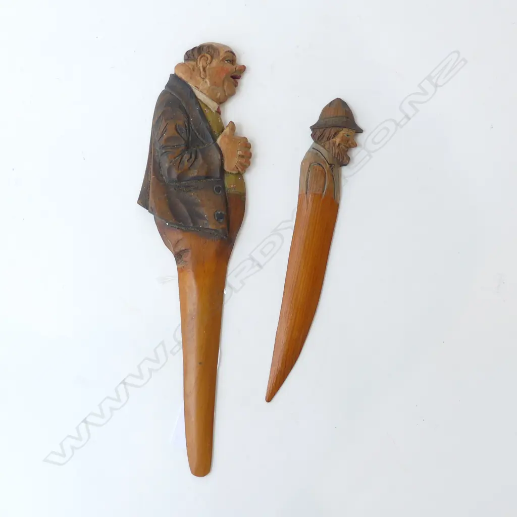 TWO VINTAGE ANRI CHARACTER CARVED WOODEN LETTER OPENERS OR PAGE TURNERS, L.225-310MM Image 1++
