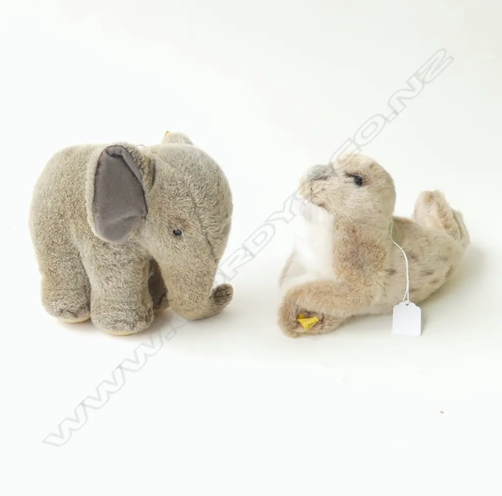 2 VINTAGE STEIFF SOFT TOYS; SEAL & ELEPHANT (both with button & tags) H.140 /160mm Image 1++