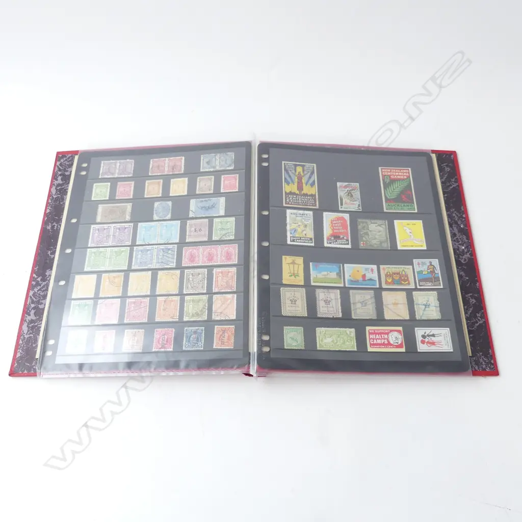 2 PAGES OF VINTAGE NZ STAMPS IN RED ALBUM Image 1++