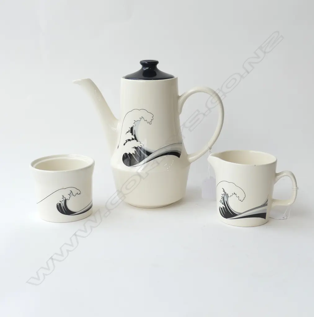 CROWN LYNN  'LAST WAVE' PATTERN COFFEE POT SUGAR AND MILK SUGAR SANS LID.  Image 1++