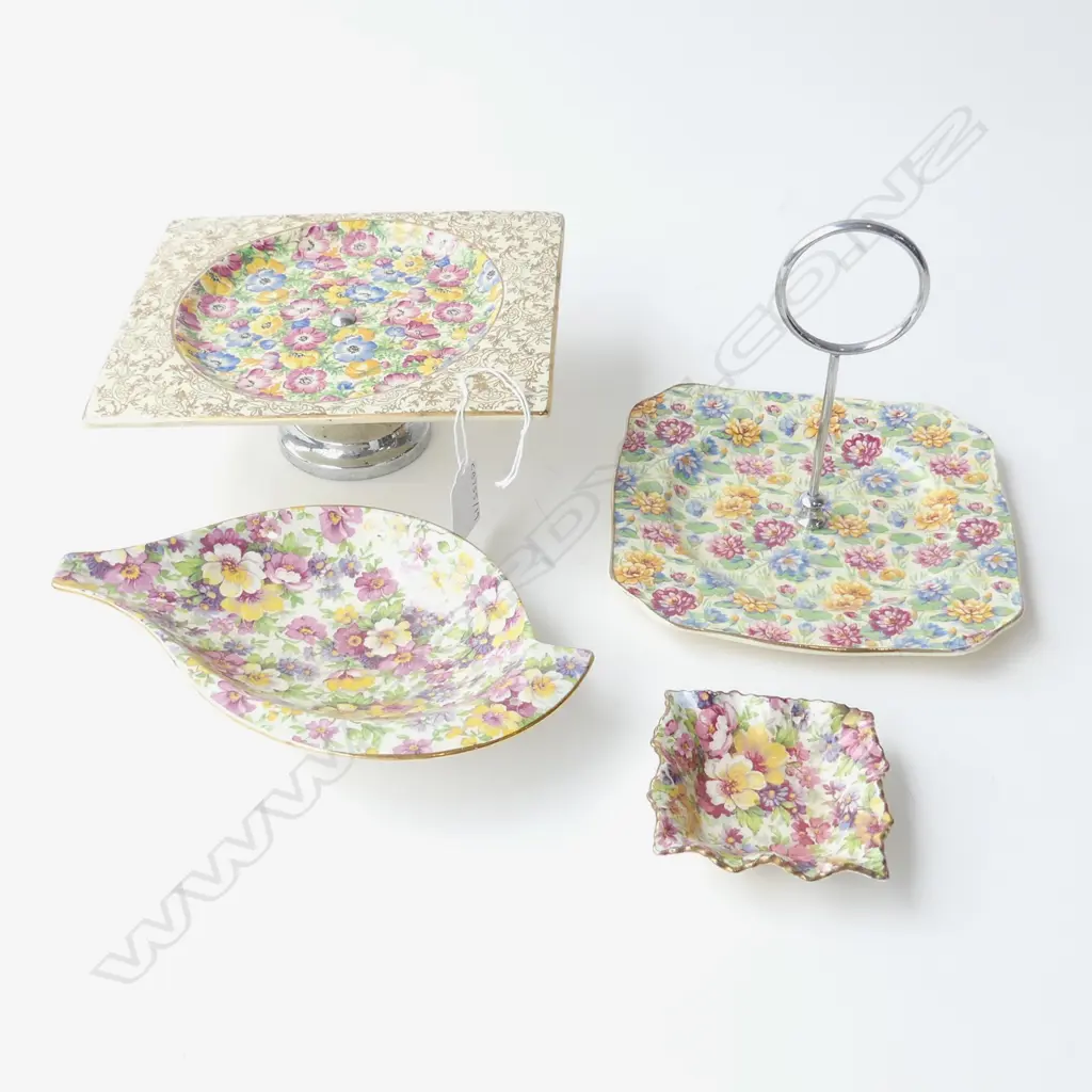 FOUR VINTAGE CHINTZ A.O.F, 2 CAKE STANDS & 2 DISHES - BIARRITZ, JAMES KENT & EMPIRE, L.185mm Image 1++