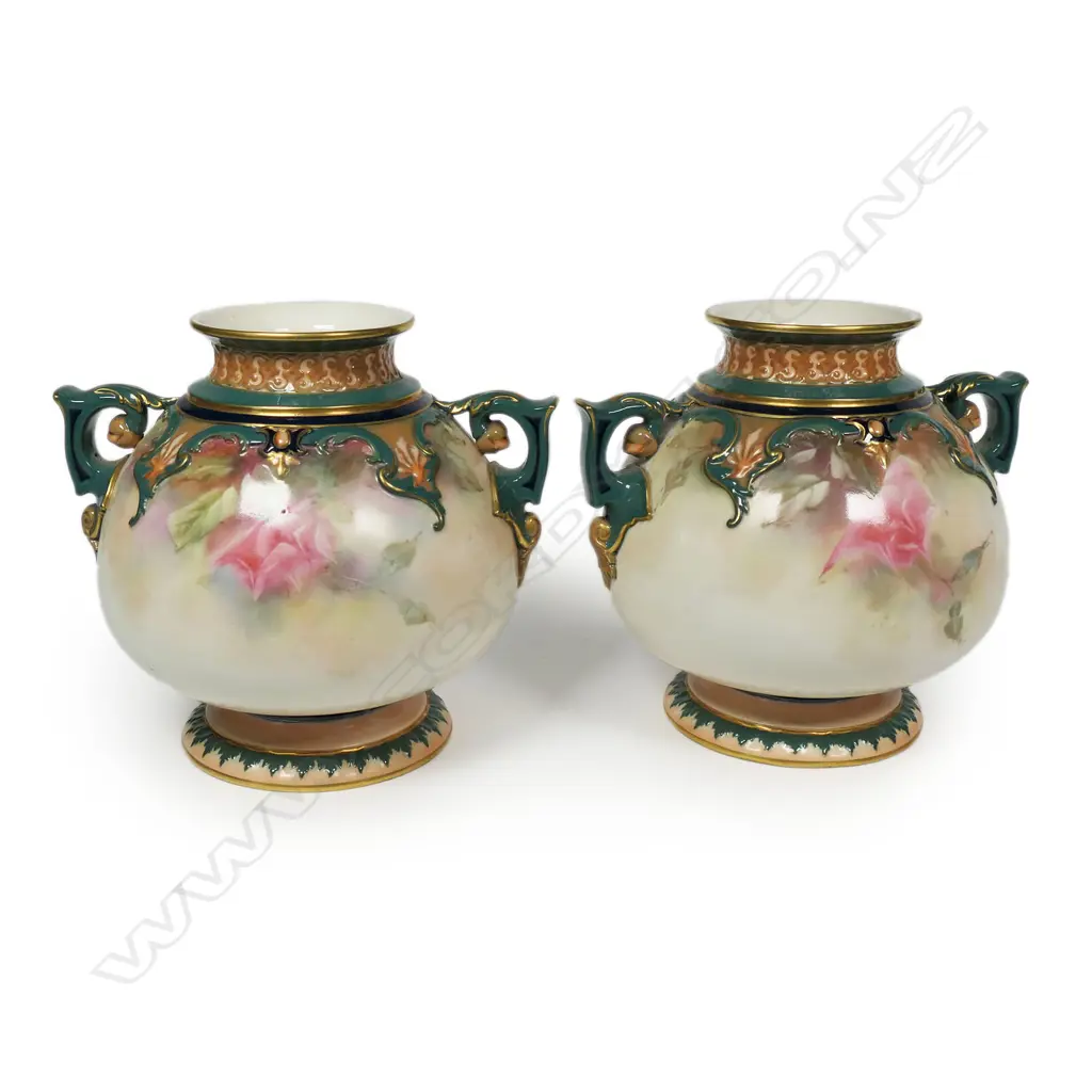 A pair of c.1900 Hadley's Worcester squat baluster vases, Image 1++