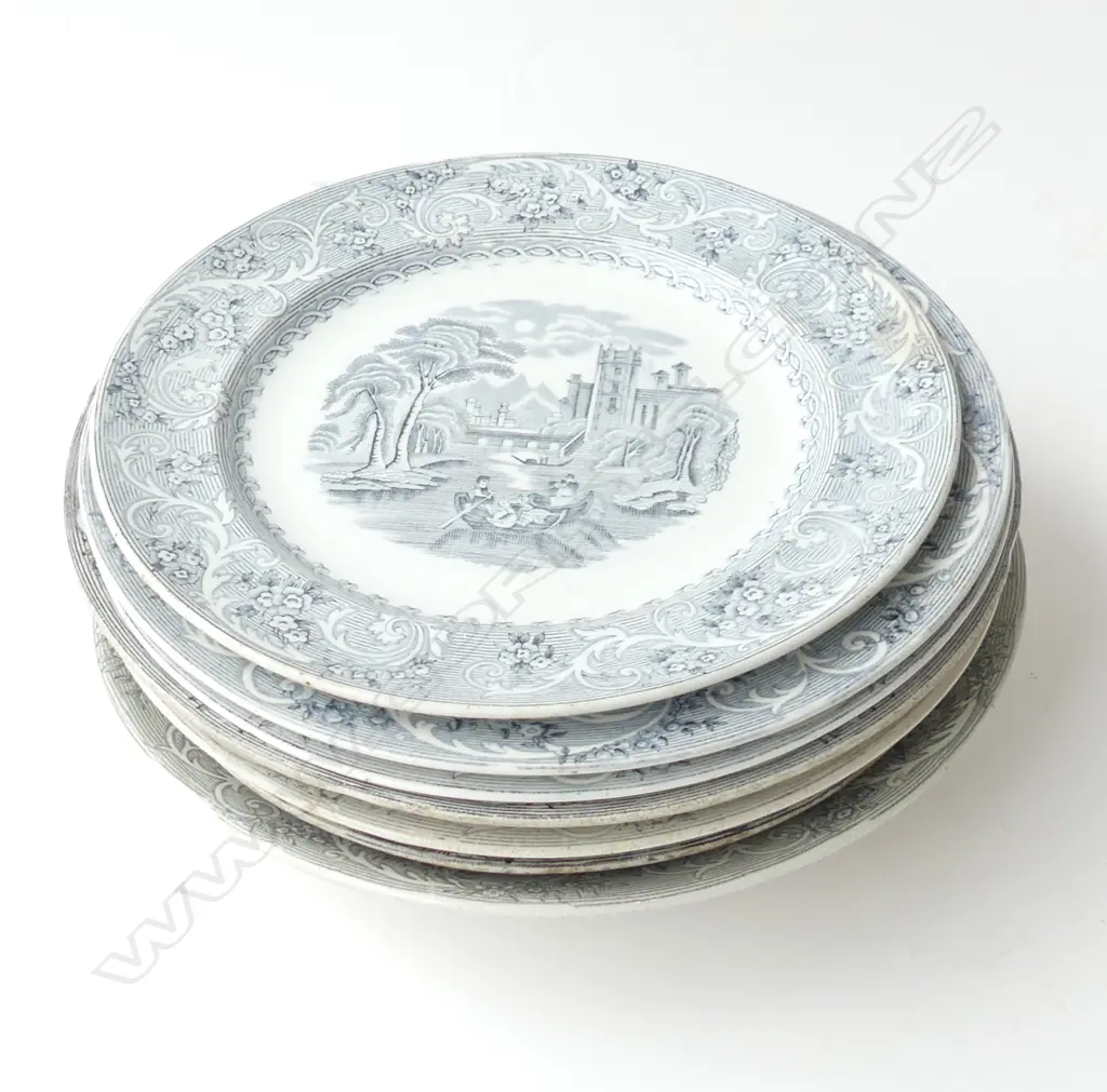 EIGHT VICTORIAN IRONSTONE ‘RHEIN’ TRANSFER PATTERN PLATES & LG BOWLS, L.235-280mm Image 1++