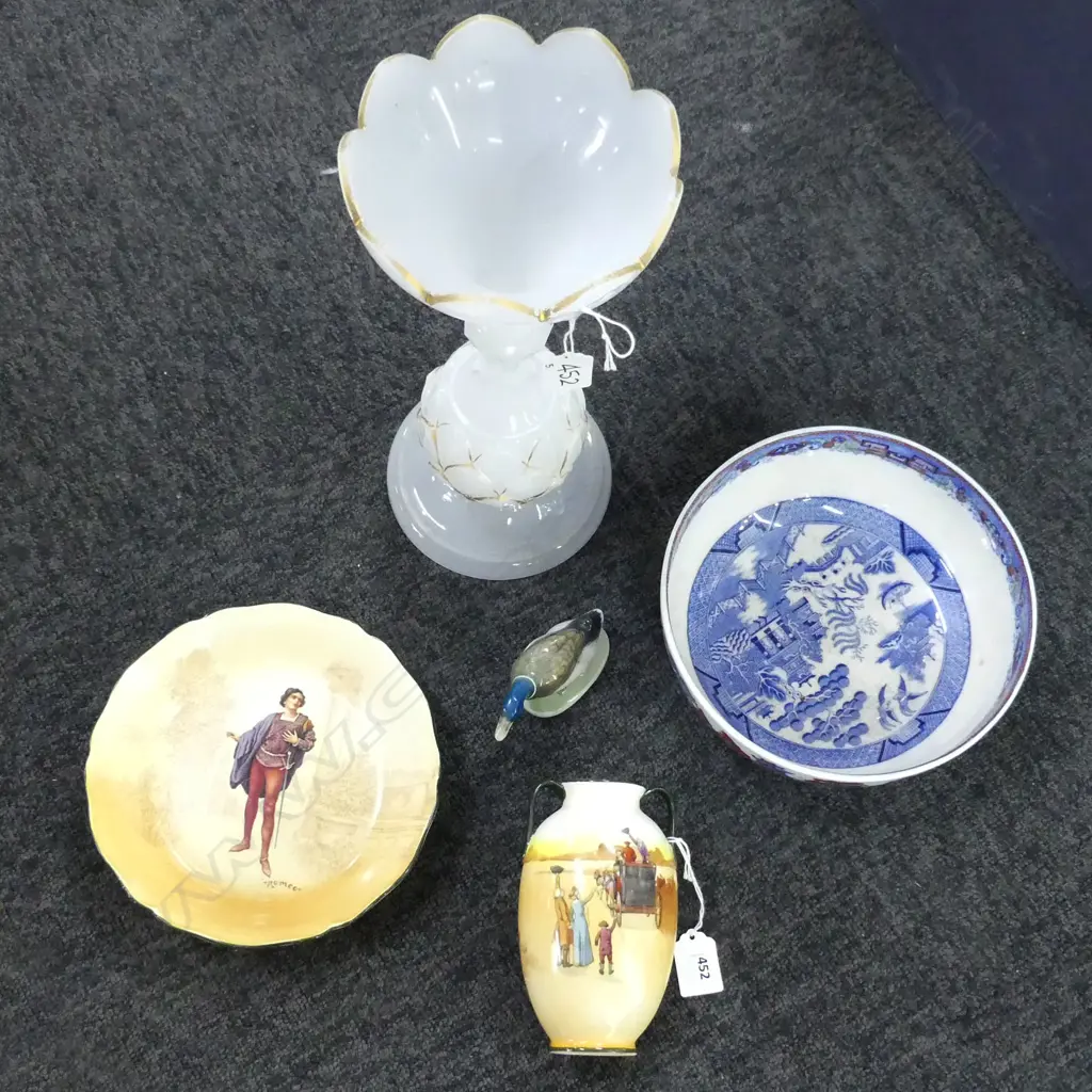5 PCES; TALL WHITE GLASS VASE H.350mm, ROSENTHAL DUCK, R. DOULTON VASE & BOWL, WILLOW BOWL 215mm dia Image 1++