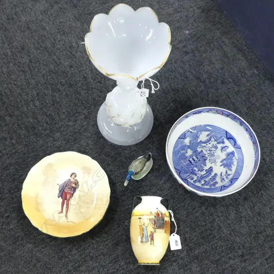 5 PCES; TALL WHITE GLASS VASE H.350mm, ROSENTHAL DUCK, R. DOULTON VASE & BOWL, WILLOW BOWL 215mm dia