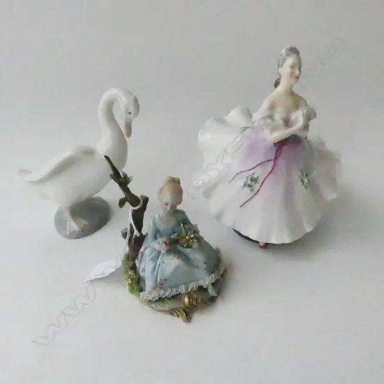 3 PCES; R. DOULTON 'THE BALLERINA' H.185mm, NAO WHITE DUCK, GIRL w. FLOWERS
