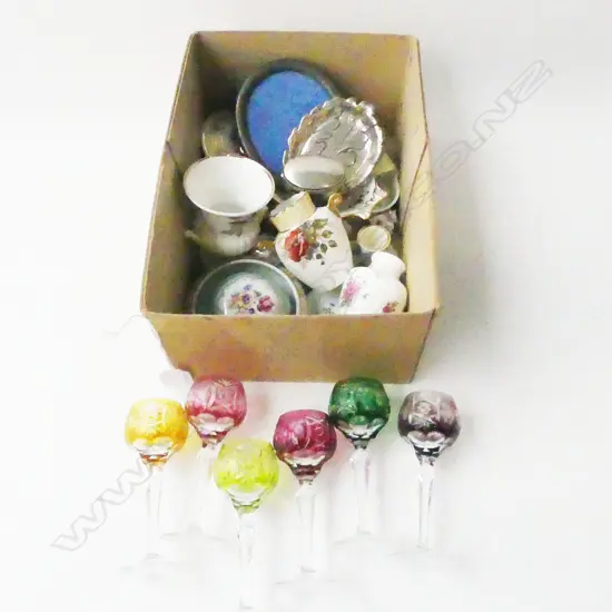 ASST. SMALL CHINA, STG SILVER RING BOX & OVAL FRAME 120x100mm, 6 LIQUEUR GLASSES