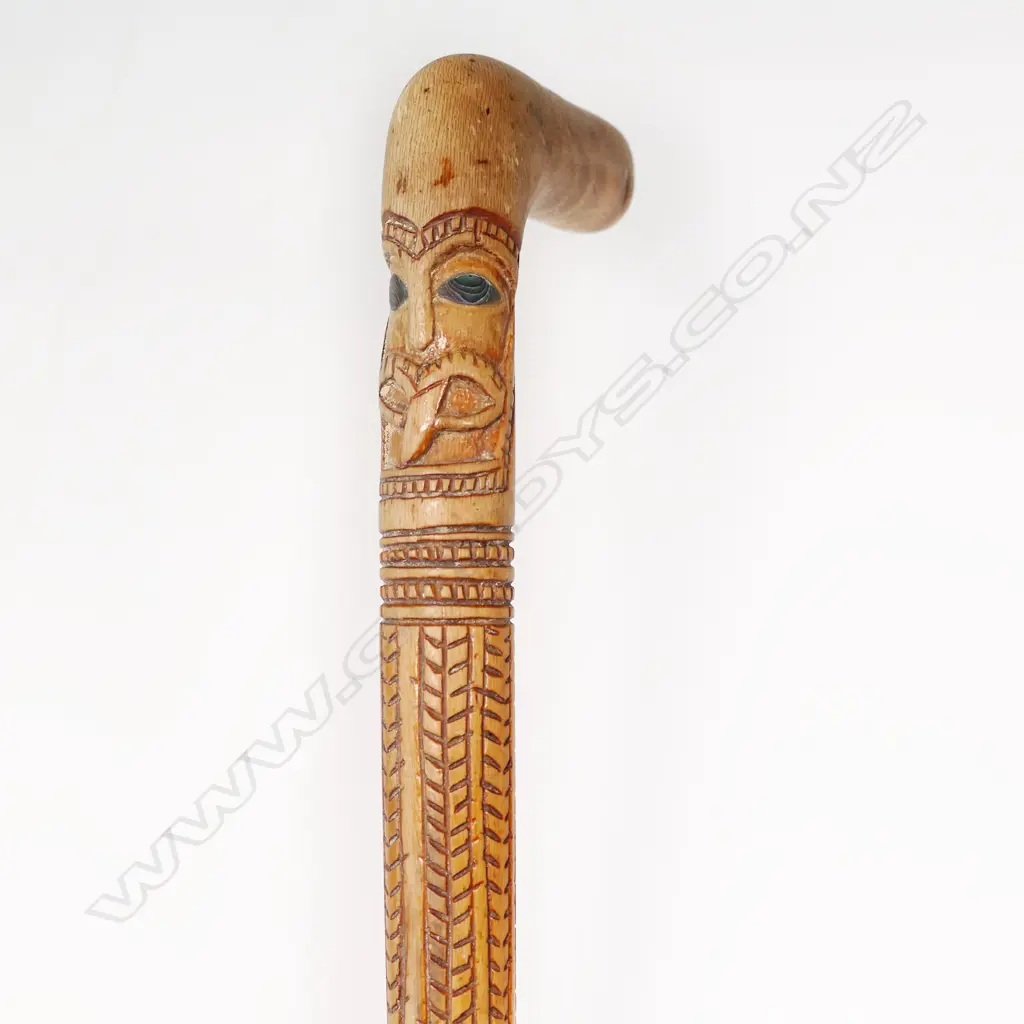 Vintage Māori folk art carved walking stick, Image 1++
