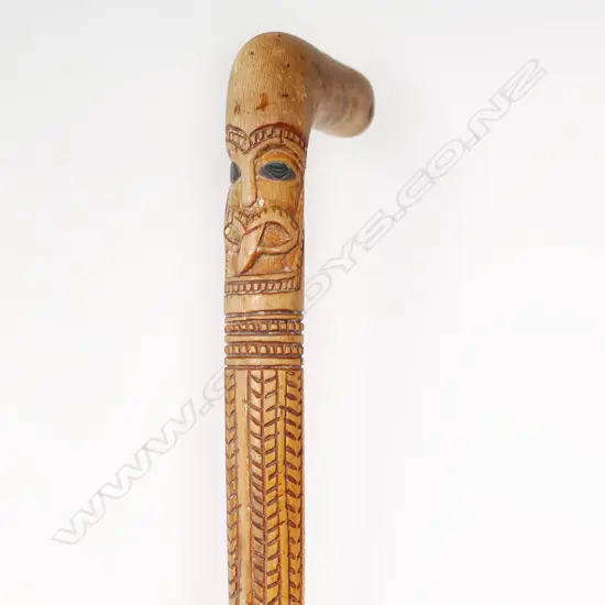 Vintage Māori folk art carved walking stick,