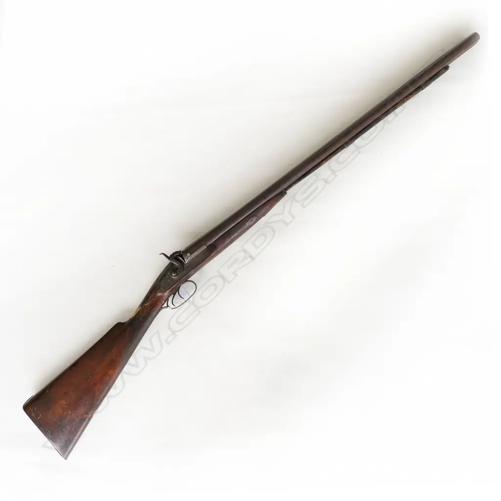 Double barrel muzzle loading percussion shotgun, lock signed I. Hollis & Sons, LH hammer broken, half wooded stock, repaired break at wrist. *NO LICENCE REQUIRED Image 1++