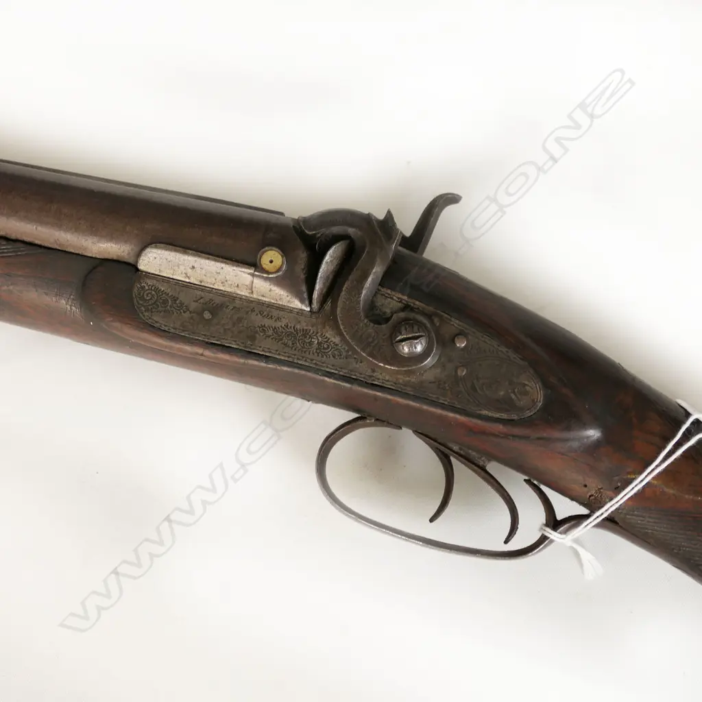 Double barrel muzzle loading percussion shotgun, lock signed I. Hollis & Sons, LH hammer broken, half wooded stock, repaired break at wrist. *NO LICENCE REQUIRED Image 1++