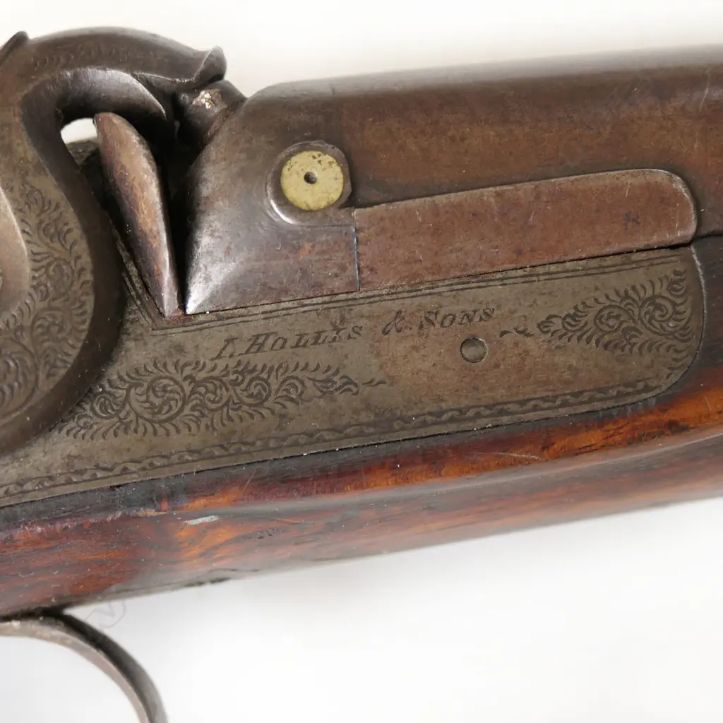 Double barrel muzzle loading percussion shotgun, lock signed I. Hollis & Sons, LH hammer broken, half wooded stock, repaired break at wrist. *NO LICENCE REQUIRED Image 1++