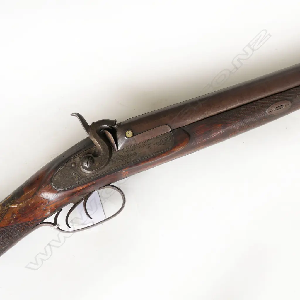 Double barrel muzzle loading percussion shotgun, lock signed I. Hollis & Sons, LH hammer broken, half wooded stock, repaired break at wrist. *NO LICENCE REQUIRED Image 1++