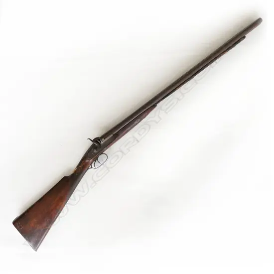 Double barrel muzzle loading percussion shotgun, lock signed I. Hollis & Sons, LH hammer broken, half wooded stock, repaired break at wrist. *NO LICENCE REQUIRED