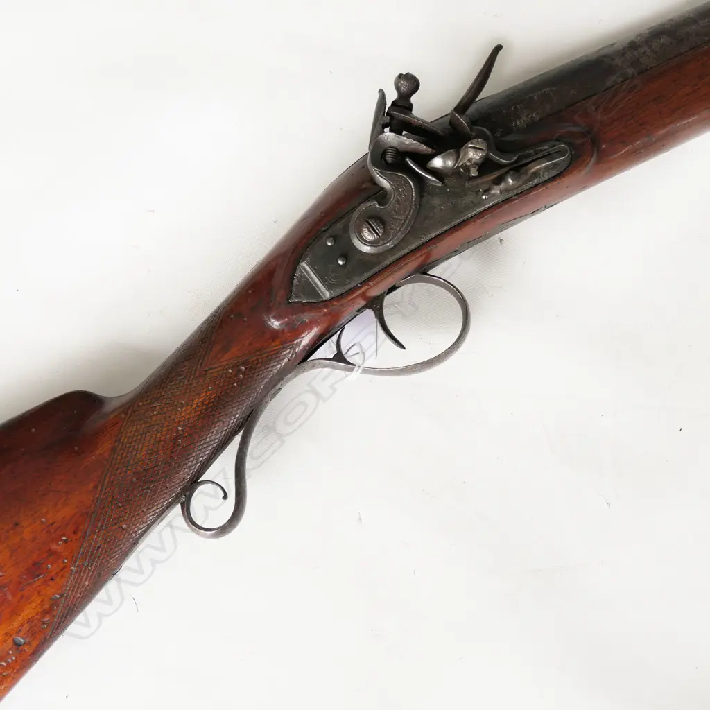 11 bore English flintlock muzzle loading single barrel gun,  lock marked 'Francis', walnut stock with filled worm holes, 30" twist barrel with single wedge to forewood, complete with ramrod. Steel trigger guard with rear scrolled tang. Overall 47". *NO LICENCE REQUIRED Image 1++