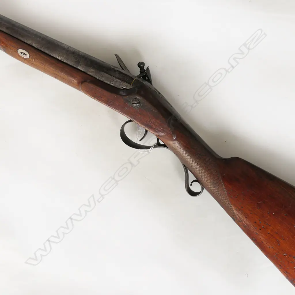 11 bore English flintlock muzzle loading single barrel gun,  lock marked 'Francis', walnut stock with filled worm holes, 30" twist barrel with single wedge to forewood, complete with ramrod. Steel trigger guard with rear scrolled tang. Overall 47". *NO LICENCE REQUIRED Image 1++