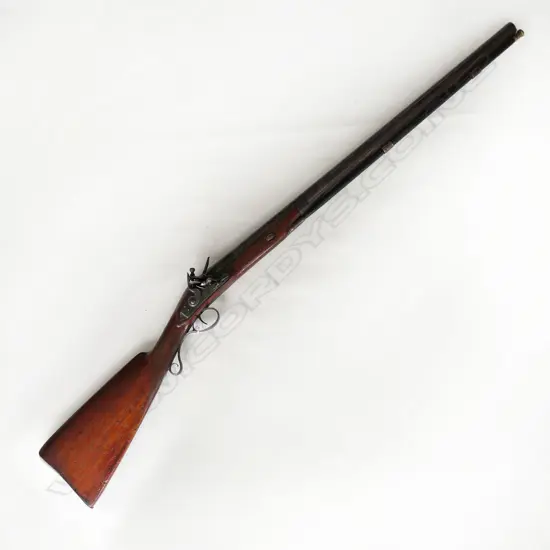 11 bore English flintlock muzzle loading single barrel gun,  lock marked 'Francis', walnut stock with filled worm holes, 30" twist barrel with single wedge to forewood, complete with ramrod. Steel trigger guard with rear scrolled tang. Overall 47". *NO LICENCE REQUIRED