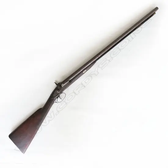 12g double barrel side by side muzzle loading hammer shotgun complete with ramrod. Repaired stock (broken at wrist) otherwise complete. *NO LICENCE REQUIRED