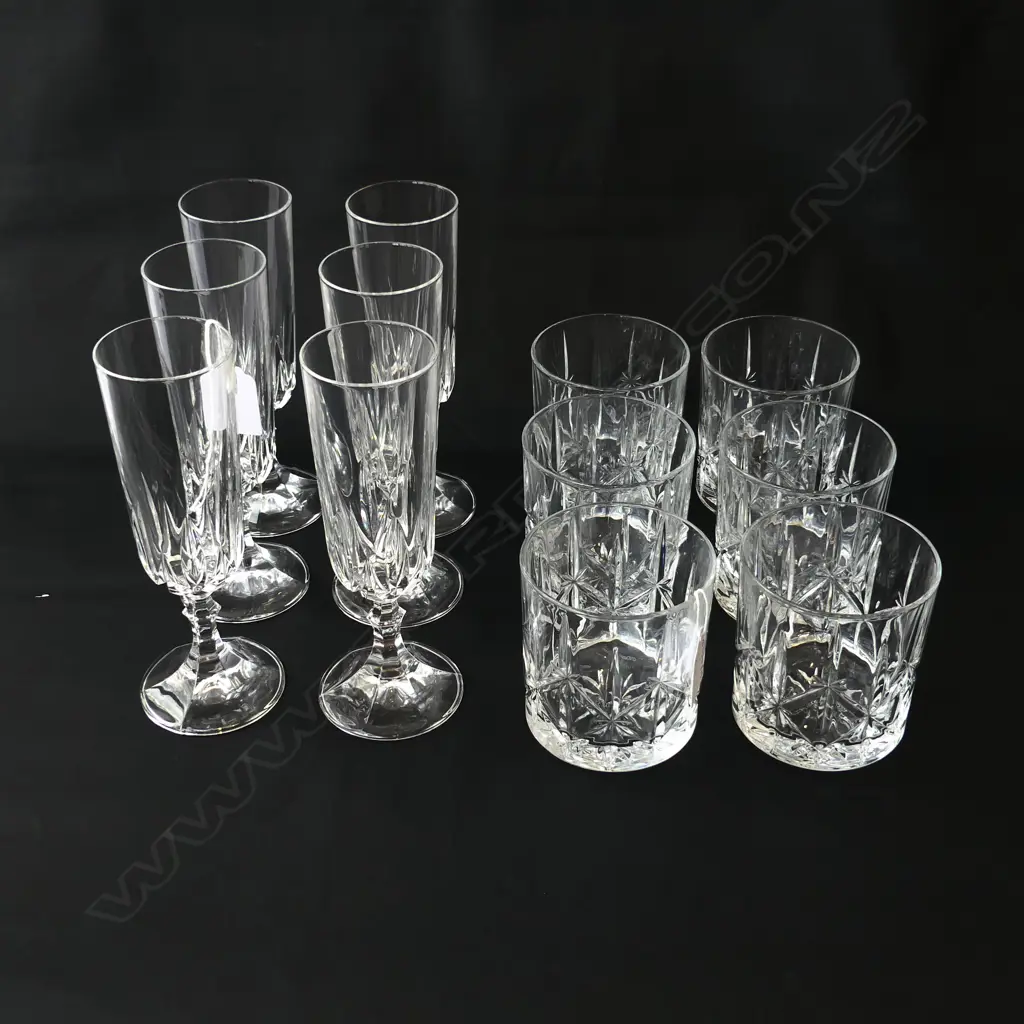 SET OF 6 RCR ITALIAN CRYSTAL CHAMPAGNE FLUTES, H.190mm SET OF 6 WATERFORD MARQUIS DOUBLE OLD FASHIONED WHISKY TUMBLERS, Image 1++