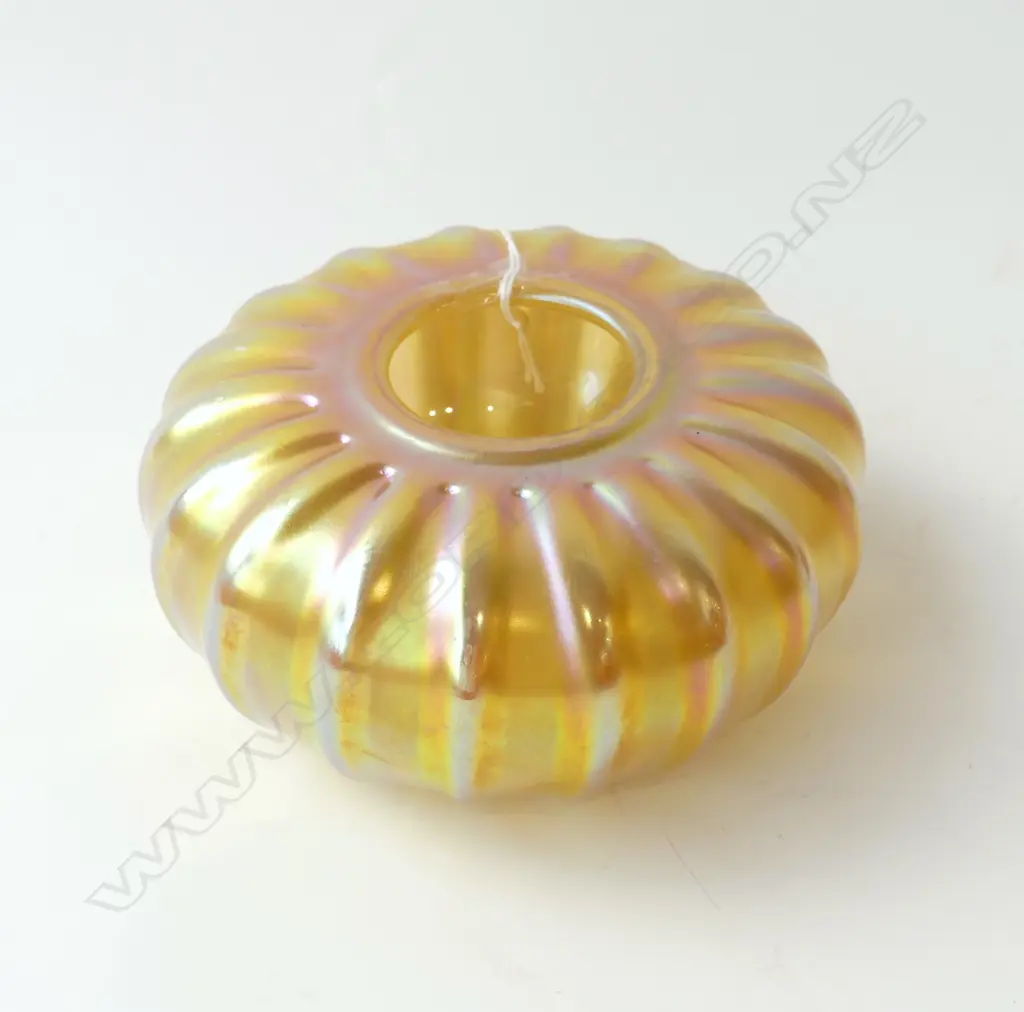 CORREIA GOLD AURENE IRIDESCENT GLASS VASE RIBBED MELON SHAPED, SIGNED & NUMBERED 190mm dia Image 1++
