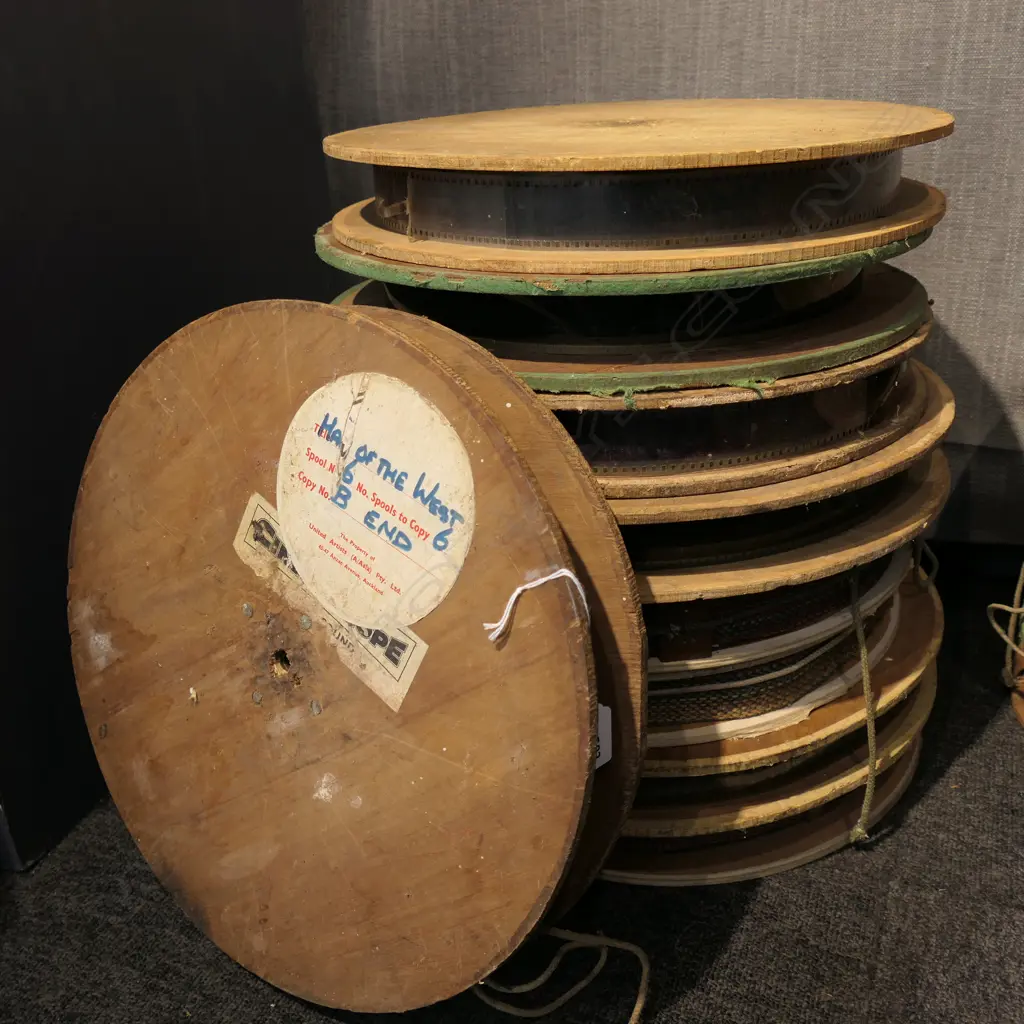 9 VINTAGE WOODEN FILM REELS 'HAN OF THE WEST' Image 1++
