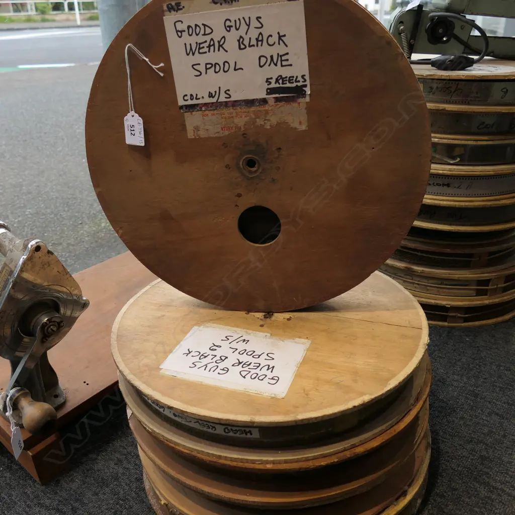 5 VINTAGE WOODEN FILM REELS 'GOOD GUYS WEAR BLACK'  Image 1++