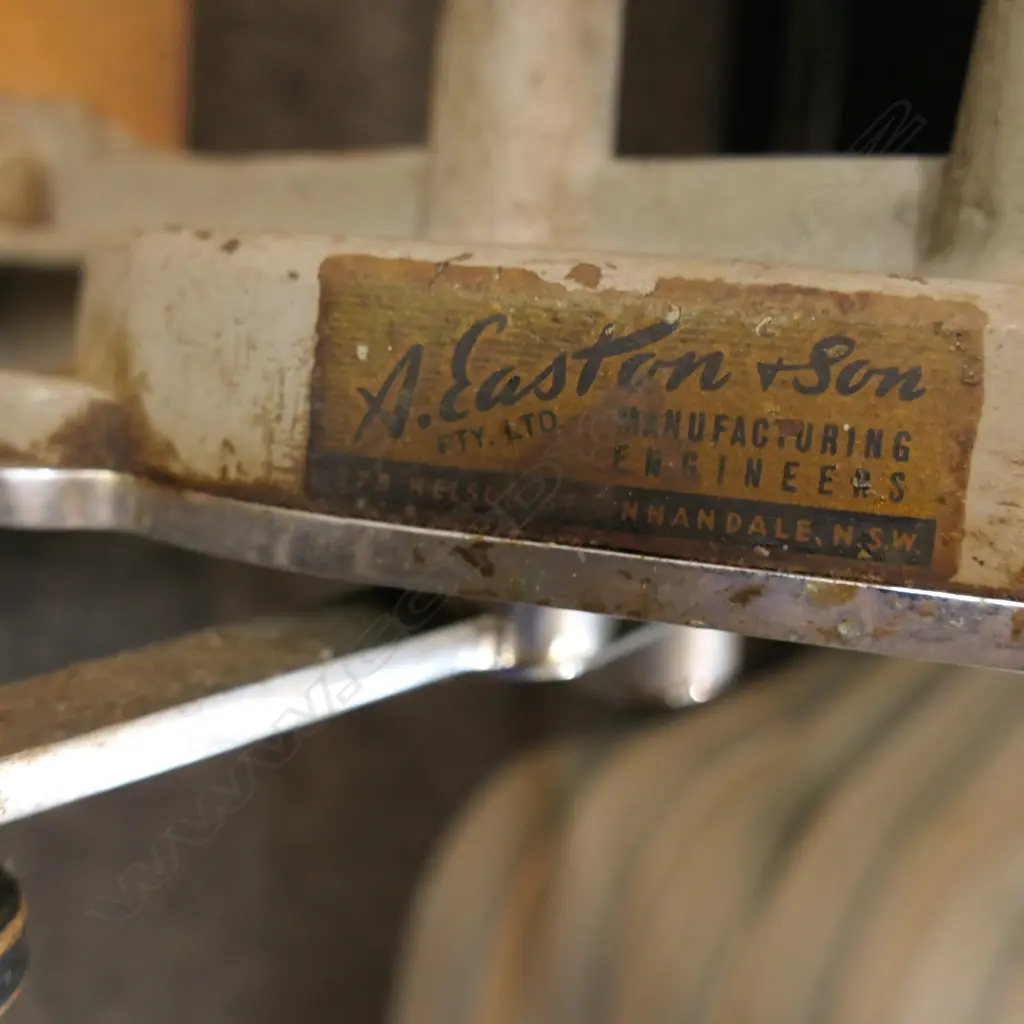 2 VINTAGE TV / FILM REEL RE-WINDERS MOUNTED TO BENCH; A EASTON & SON NSW W.595mm Image 1++
