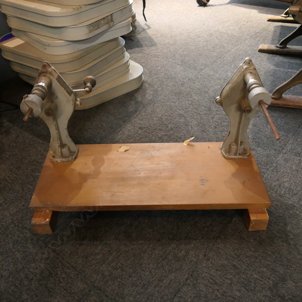 2 VINTAGE TV / FILM REEL RE-WINDERS MOUNTED TO BENCH; A EASTON & SON NSW W.595mm Image 1++