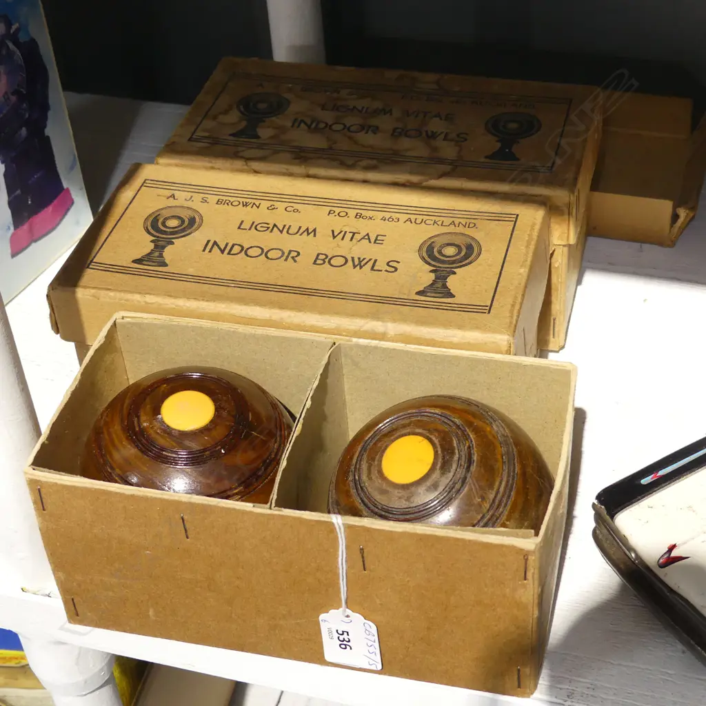 SIX LIGNUM VITAE INDOOR BOWLING BALLS, A.J.S BROWN & CO AUCKLAND, IN BOXES Image 1++