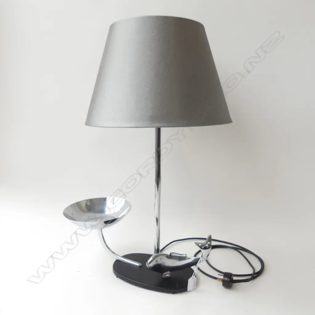 *RTV* ART DECO CHROME FISH & BOWL BASED TABLE LAMP silver silk shade H.640mm Image 1++