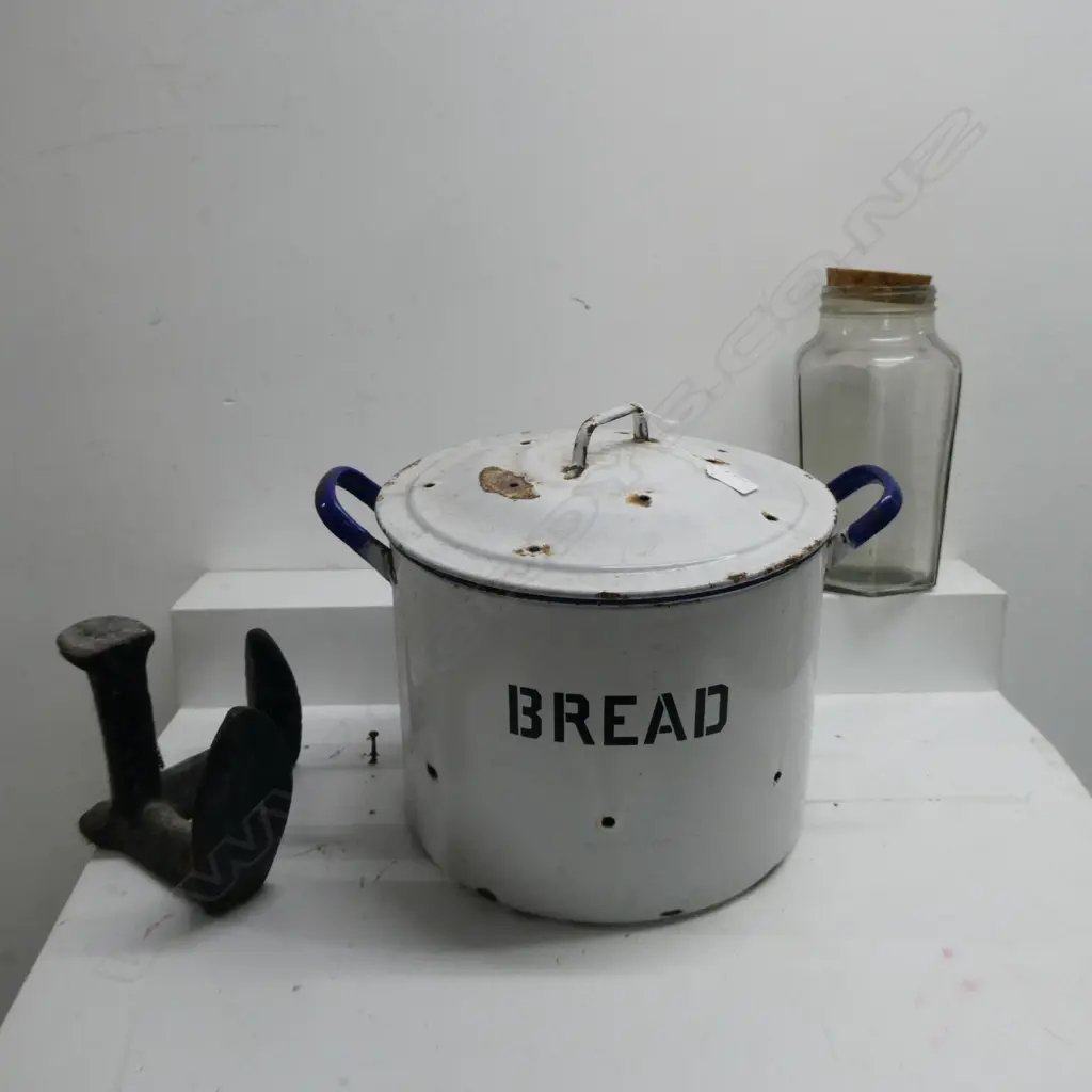 LG LIDDED ENAMEL BREAD BIN H.320mm, CAST IRON SHOE LAST, LG CORKED JAR Image 1++