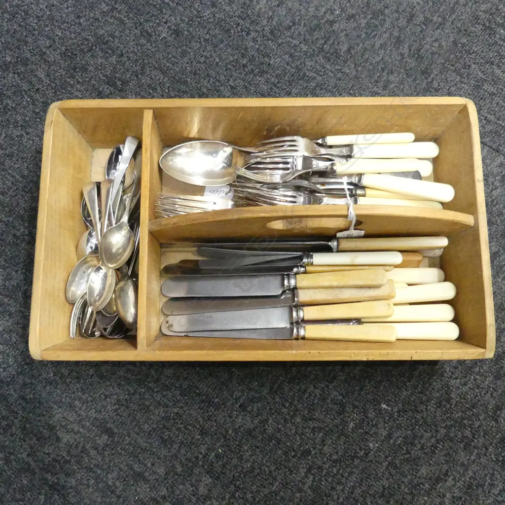 WOODEN TRAY w. ASST. CUTLERY; IVORINE 'BONE' HANDLES ETC Image 1++