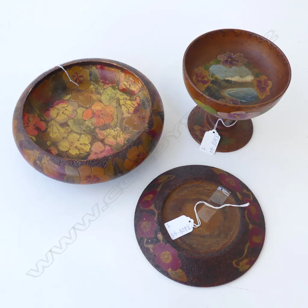 THREE FOLKART POKERWORK ITEMS, SMALL COMPORT (AF) H.130mm POT STAND Dia180mm & BOWL DIA 210mm Image 1++
