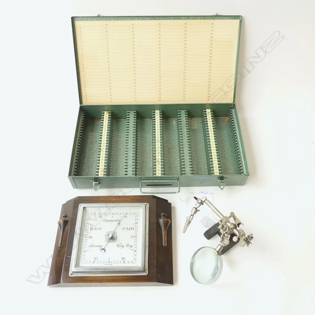 METAL BOX, BAROMETER & ADJUSTABLE MAGNIFYING GLASS ON STAND Image 1++