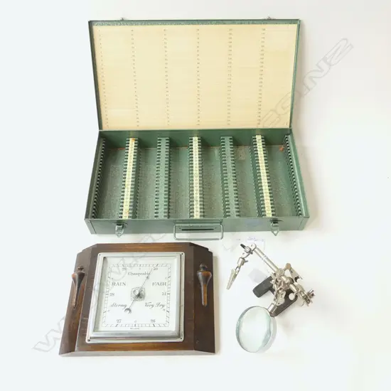 METAL BOX, BAROMETER & ADJUSTABLE MAGNIFYING GLASS ON STAND