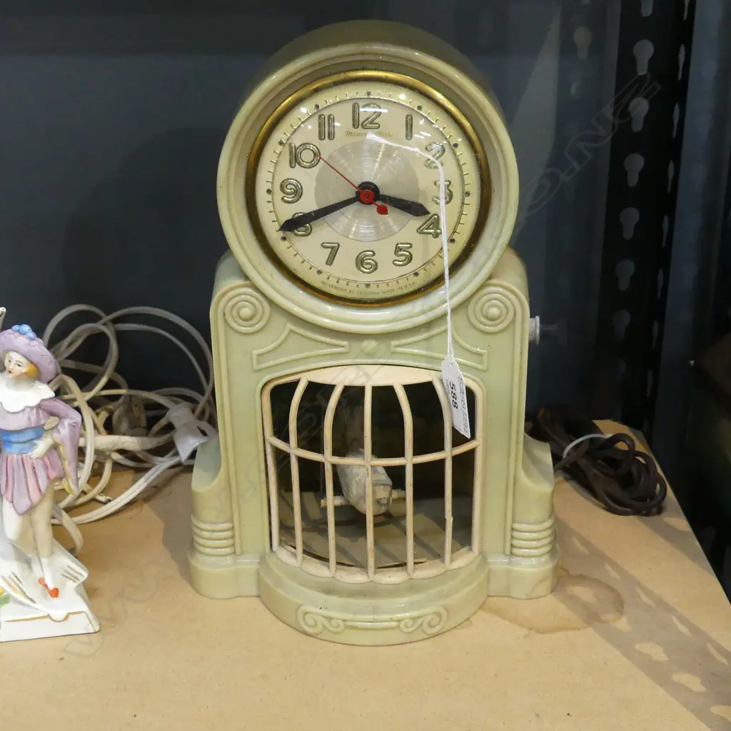 VINTAGE ART DECO AMERICAN 'MASTERCRAFTERS' CLOCK w. SWINGING BIRD IN CAGE H.270mm Image 1++