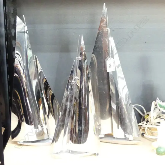 3 ART DECO CHROME YACHTS. H.380mm tallest
