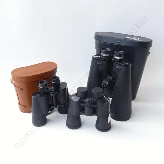 3 PR BINOCULARS, 1 IN LEATHER CASE, 1 LG WITH ATTACHMENT FOR SECURING TO TRIPOD