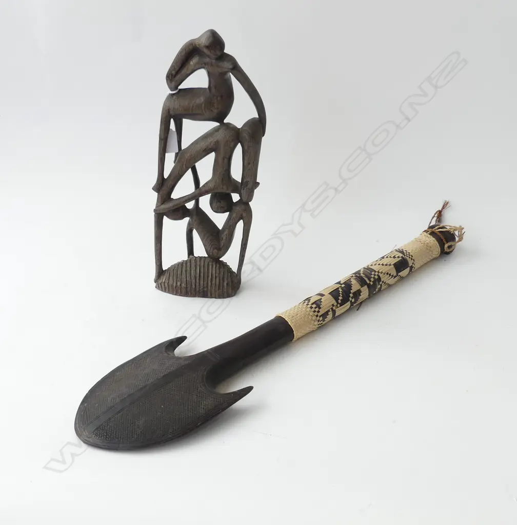 2 CARVED WOODEN TRIBAL PCES; CLUB L.670mm & CARVING H.400mm Image 1++