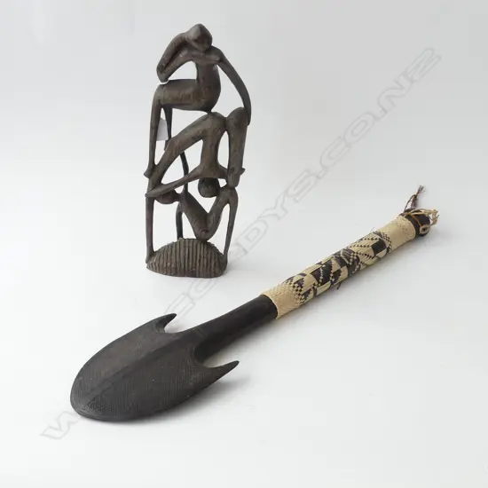 2 CARVED WOODEN TRIBAL PCES; CLUB L.670mm & CARVING H.400mm
