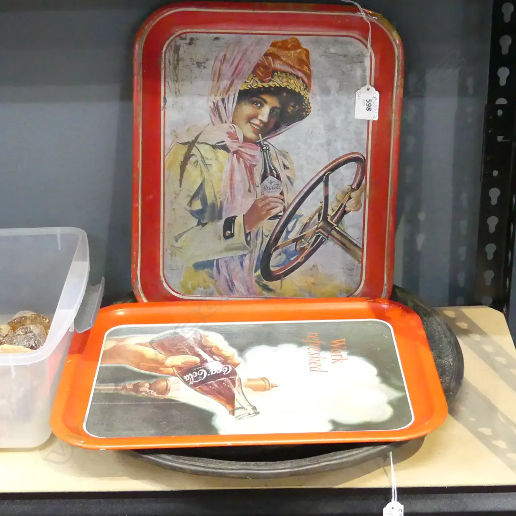 3 VINTAGE TRAYS; 2 COKE 340x275mm, OTHER 380mm dia Image 1++