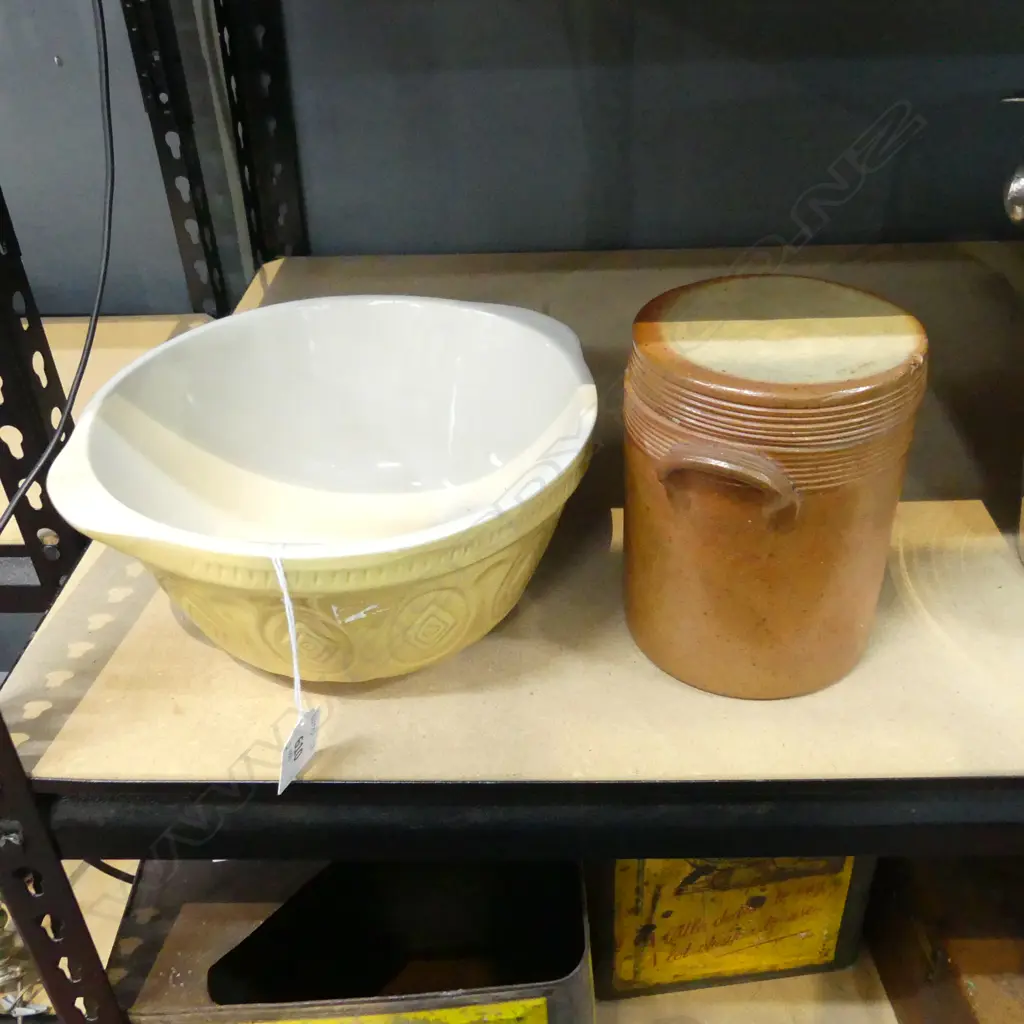 MASON CASH STYLE MIXING BOWL 210mm dia, LIDDED GRES DE BONNY STONEWARE CONFIT JAR 140mm Image 1++